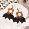 Wood & Black Leather Feather Earrings