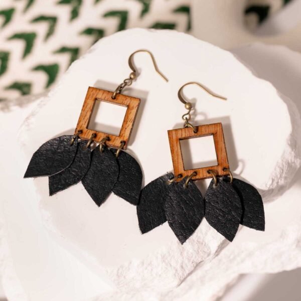 Wood & Black Leather Feather Earrings